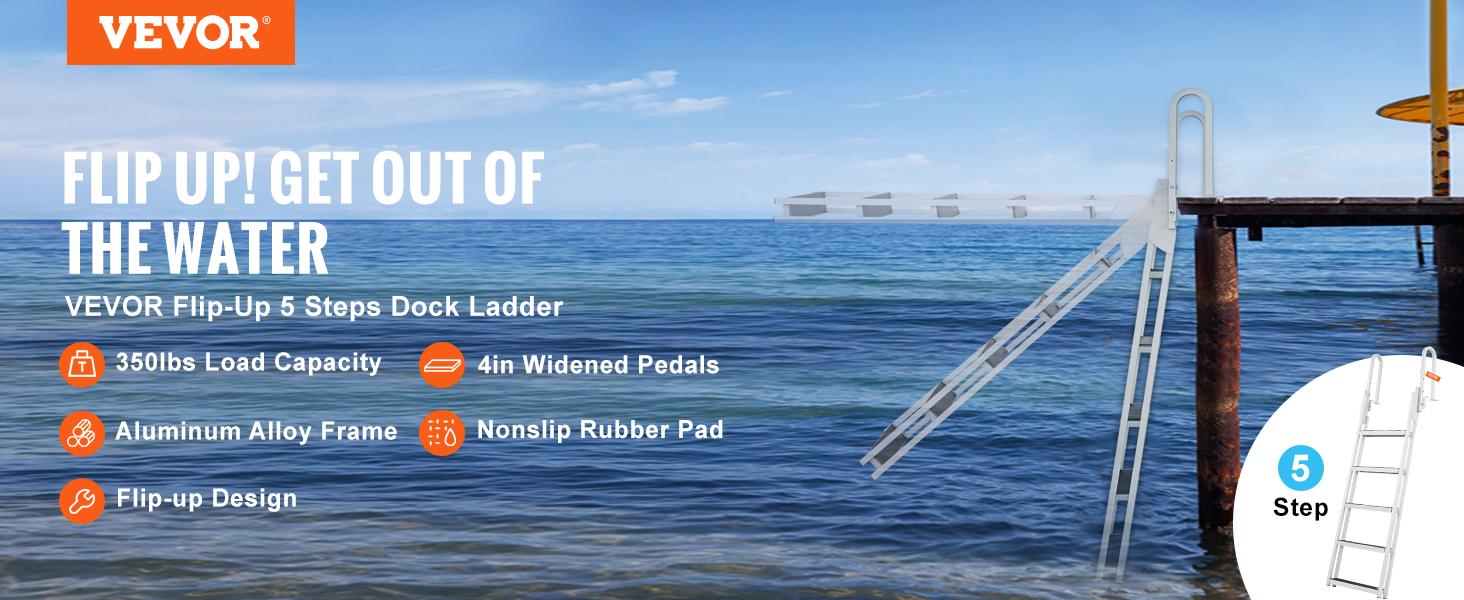 VEVOR Dock Ladder Flip Up 5 Steps, 350lbs Load Capacity, Aluminum Pontoon Boat Ladder with 4" Wide Step & Nonslip Rubber Mat,Swimm Step Ladder for Ship/Lake/Pool/Marine Boarding VEVOR Dock Ladder Flip Up 5 Steps, 350lbs Load Capacity, Aluminum Pontoon Boat Ladder with 4" Wide Step & Nonslip Rubber Mat,Swimm Step Ladder for Ship/Lake/Pool/Marine Boarding