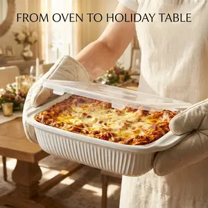 Ceramic Casserole Set |   Deep Baking Dishes |   Rectangular Lasagna Pan with Handles |   Oven, Microwave & Dishwasher Safe Bakeware, Classic White