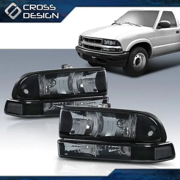CROSSDESIGN Factory Direct Replacement Headlight Pair with Black Housing & 1-Pair Bumper Lights for 1998-2004 Chevy S10/Blazer/Pickup, Smoke Lens Cover, Night-Ready Bad Weather Automotive Parts with Direct Pricing
