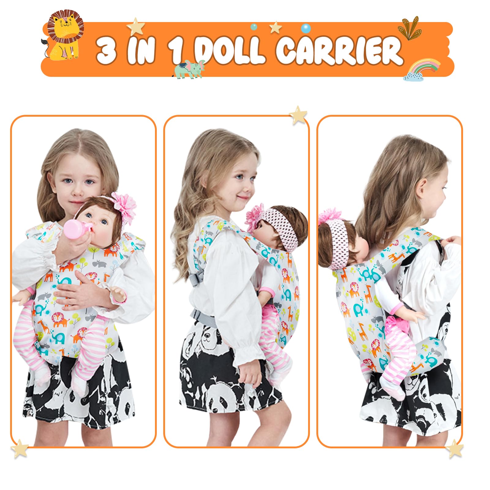 BABESIDE Baby Doll Carrier for Kids Reborn Baby Doll Accessories Front and Back Stuffed Animal Carrier with Adjustable Straps for Little Girls and Boys,Suitable for 17-22 Inch Dolls