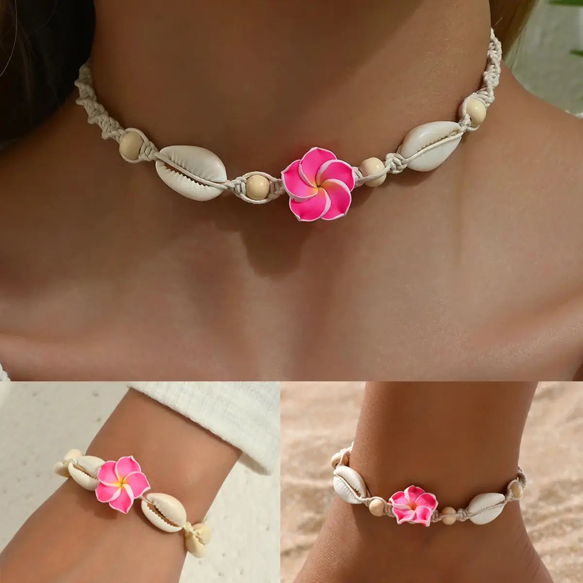 3PCS Bohemian Floral Shell Woven Jewelry Set Women Handmade Adjustable Chic Pink Flower Clavicle Necklace Vintage Beach Bracelet & Ankle Chain Jewelry Set