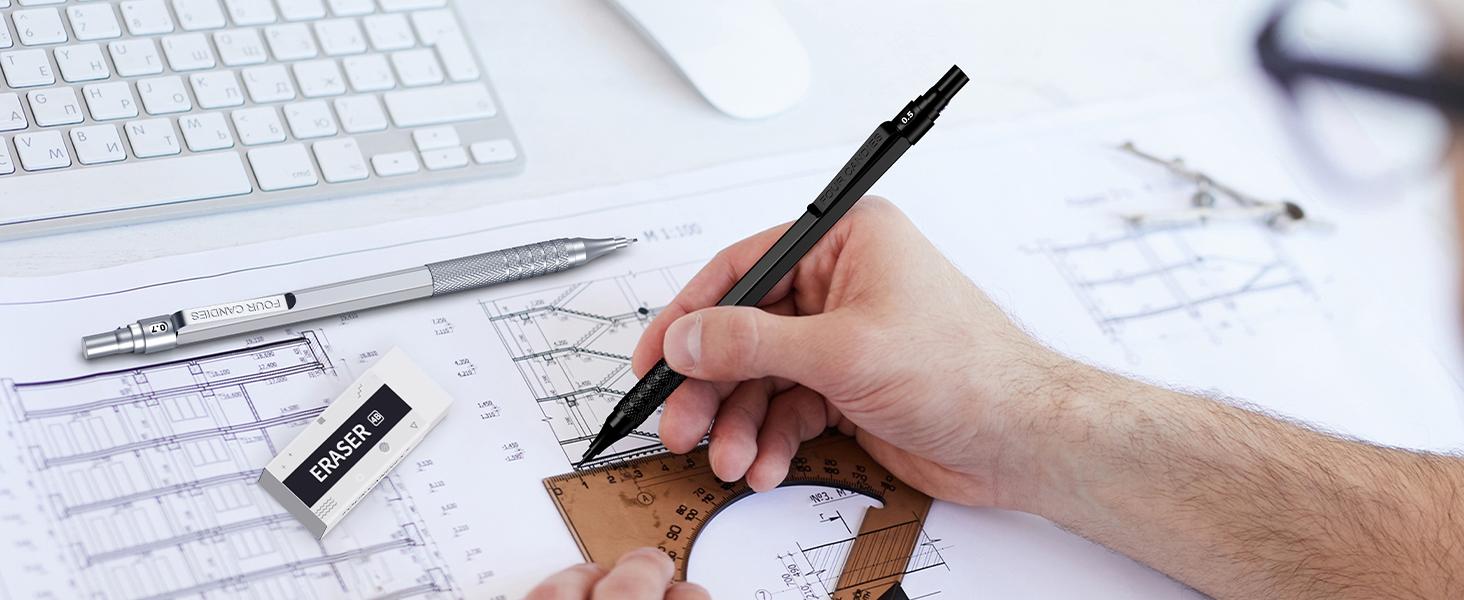 Four Candies 4PCS Metal Mechanical Pencils Set with Case, 0.5mm & 0.7 mm Artist Pencil with 8 Tubes (480PCS) HB Lead Refills, 3 Erasers,9 Eraser Refills For Writing Drafting, Drawing, Black&Sliver