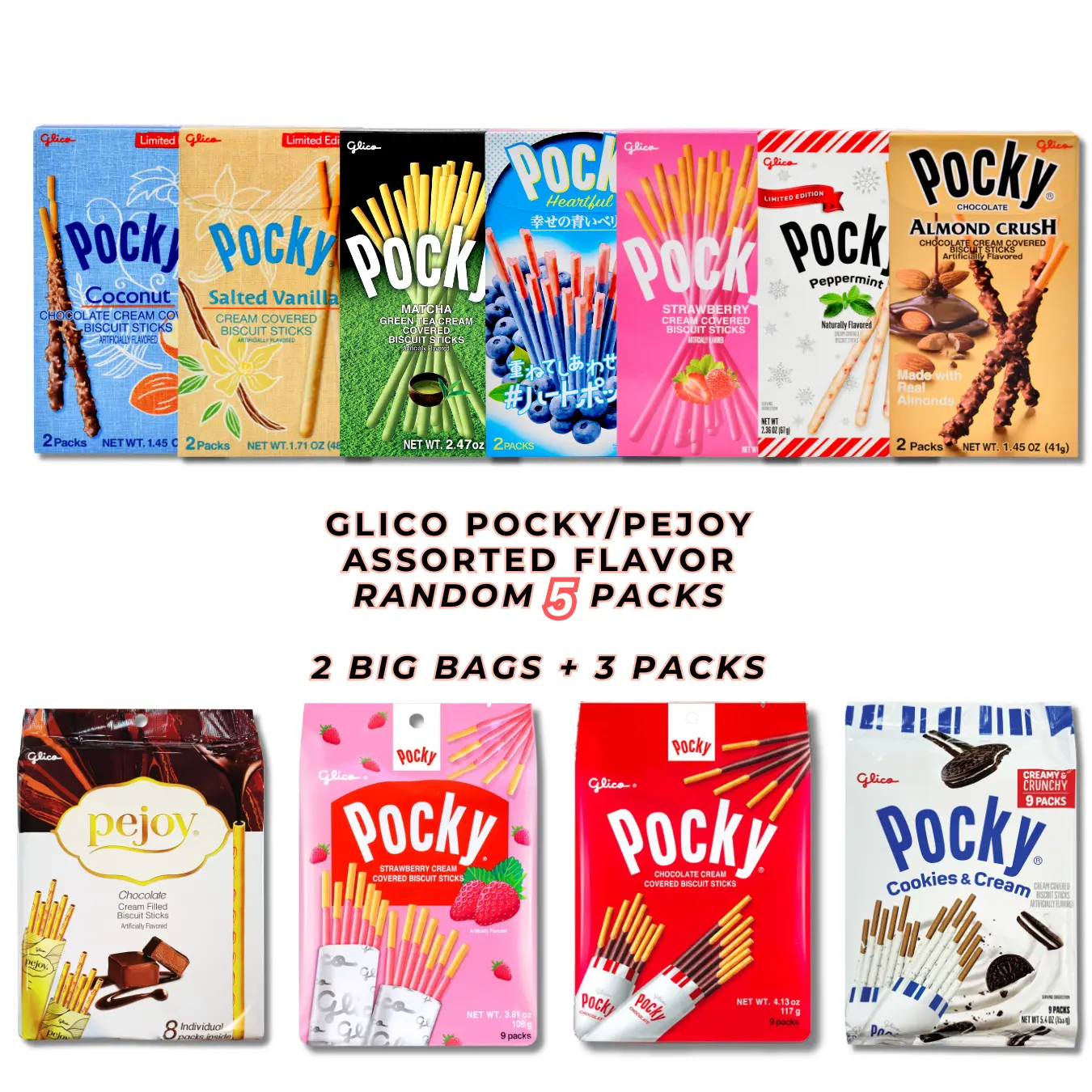 Pocky by Glico Assorted Pocky-Pejoy Chocolate Cookie Sticks Box - Valentine's Day Limited Edition Japanese Food Snack, 5 Random Packs with Vanilla, Strawberry & Green Tea Varieties, Lightly Crispy Biscuit Sweet Treats, Snacks
