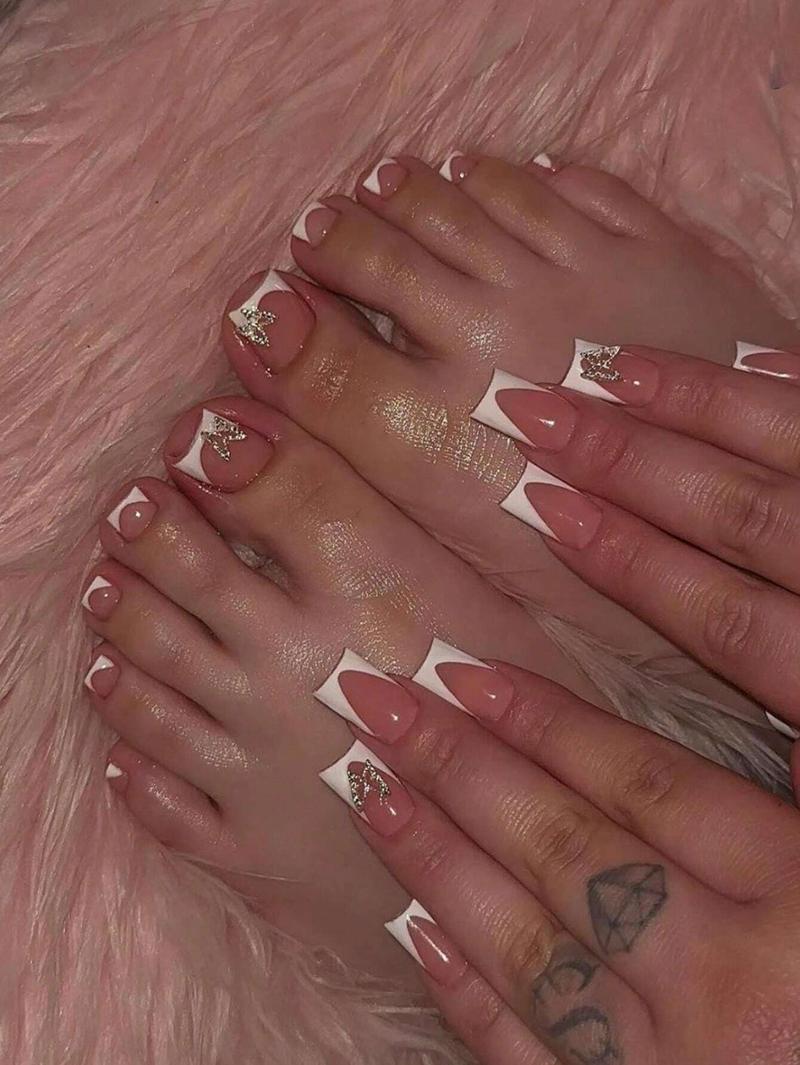 48-Piece Pink French Tip Press-On Nail & Toe Nail Set with Silver Bow Accents - Short Square Fingers & Toes, Nude Pink Base​