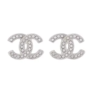 Pre-owned Chanel Classic Interlocking CC Crystal Stud Earrings Silver Tone JLP019341