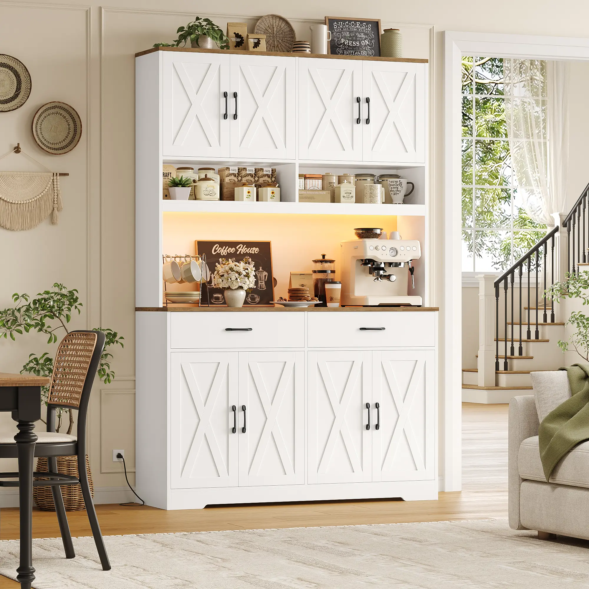 【2 packages shipping】HOSTACK Modern Farmhouse Pantry Cabinet, 75" Tall Kitchen Pantry Storage Cabinet with Charging Station, RGB LED Light, Multi-Purpose Kitchen Storage Hutch Cabinets with Adjustable Shelves,dorm essentials,home decor