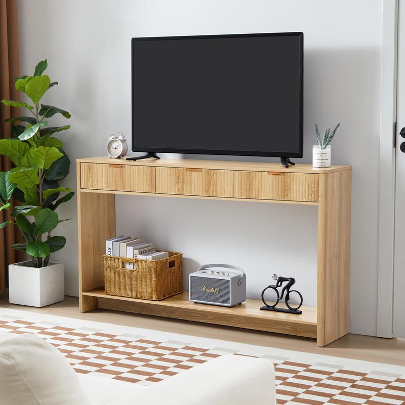 Giratree Narrow Console Table with 2 3 Drawers, Entryway Table with Storage, Table Behind Sofa Long for Living Room TV, Hallway Entrance Foyer, Mid Century Farmhouse Fluted Console Table