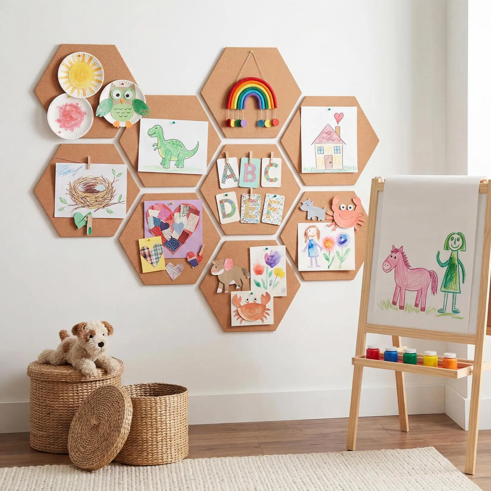 8-Pack Self-Adhesive Hexagonal Cork Bulletin Board Tiles Set, Oak Veneer Surface, 12x12x0.5in Brown Panels for Office Notes & Photos Display, 12X12 In