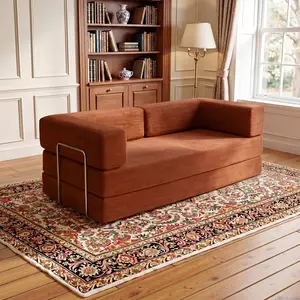 Full-Sponge Compressed Sofa, Frameless Modular Corduroy Couch, No-Assembly Loveseat Sleeper with Fixed Frame & Removable Armrests, Foldable Floor Futon for Small Spaces