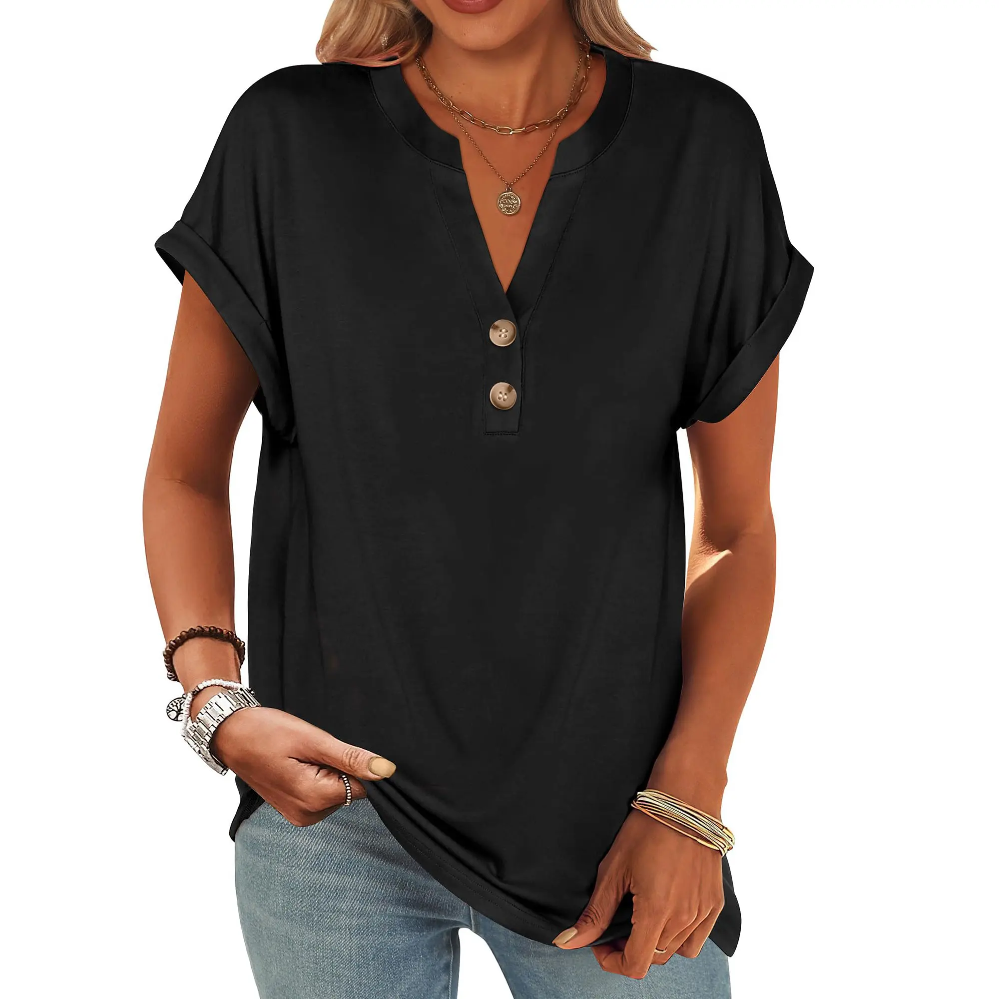 ANRABESS Women's Short Sleeve Henley Tops V Neck Summer Casual Loose Dressy Shirts Blouse Basic Tees Womenswear Medium