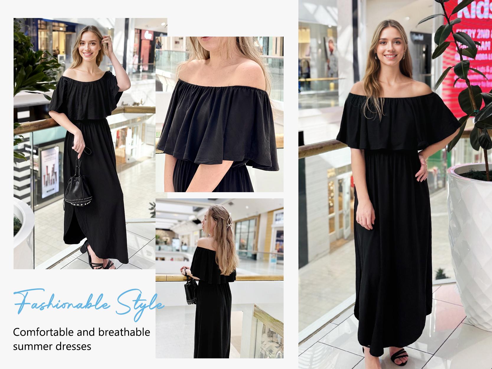 AUSELILY Womens Off The Shoulder Dress Wedding Guest Dress Summer Casual Long Ruffle Party Side Split Beach Maxi Dresses with Pockets AUSELILY Womens Off The Shoulder Dress Wedding Guest Dress Summer Casual Long Ruffle Party Side Split Beach Maxi Dresses with Pockets