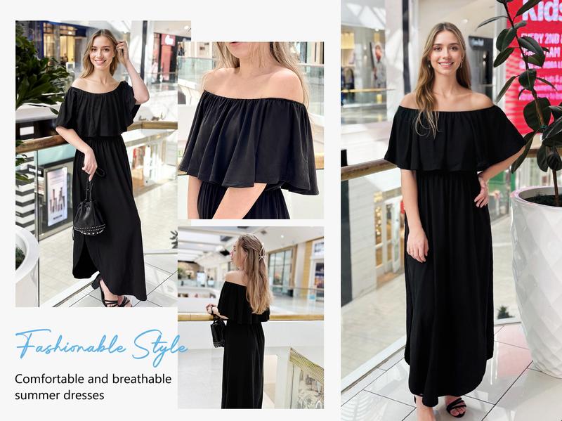 AUSELILY Womens Off The Shoulder Dress Wedding Guest Dress Summer Casual Long Ruffle Party Side Split Beach Maxi Dresses with Pockets