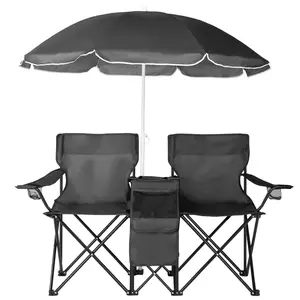 Double Camping Chair with Umbrella, Folding Loveseat Chairs w/Canopy Shade, Carrying Bag, Table, Cup Holder, Portable Beach Chairs Outdoor Picnic Patio (Black)