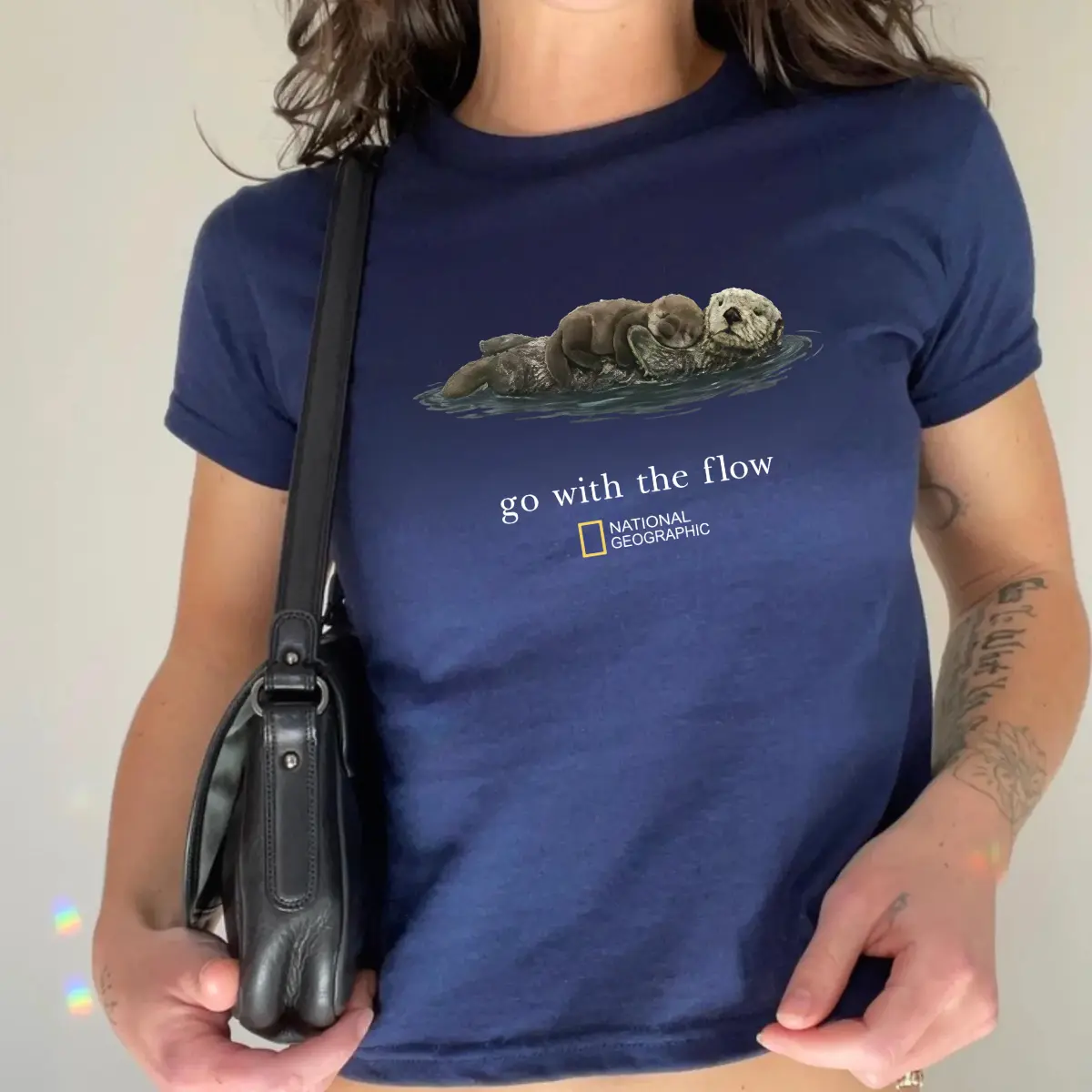 Otter Graphic Baby Tee, Go With The Flow Quote Slim Fit T-Shirt, Cute Animal Aesthetic Top, Y2K Unisex Streetwear Shirt