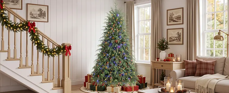 Pre-Lit Norfolk Pine Christmas Tree, 5/6/7.5/8FT Artificial Christmas Tree with Warm White & Multicolor LED Lights, Remote Control, Hinged PE & PVC Branches, Holiday Home Decor