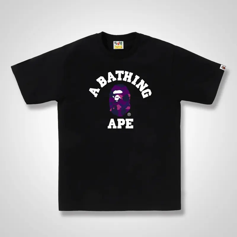 BAPE Color Camo College Tee Official Authorized Men's Casual Streetwear Classic Ape Head Purple Camo Print Black Cotton Crewneck Short Sleeve T-Shirt Graphic Tops Menswear Tropical