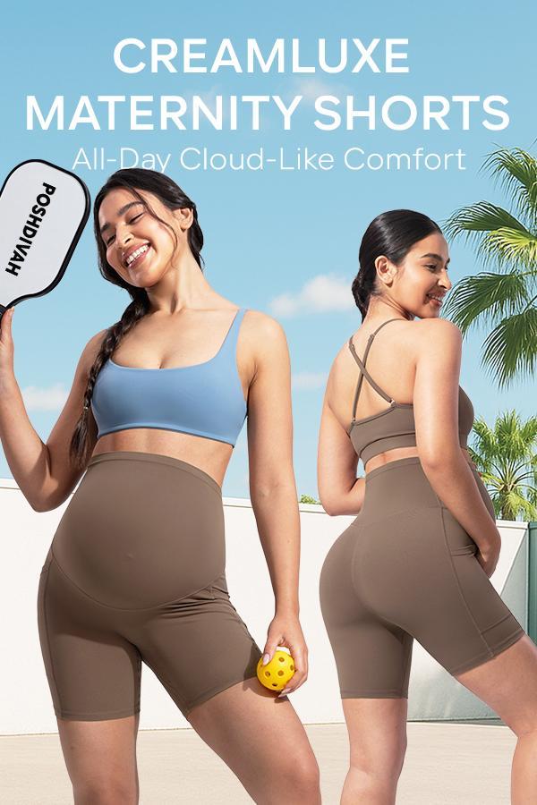 POSHDIVAH Women's Creamluxe Maternity Biker Shorts Over The Belly with Pockets - 6"/8" Summer Pregnancy Yoga Workout Short