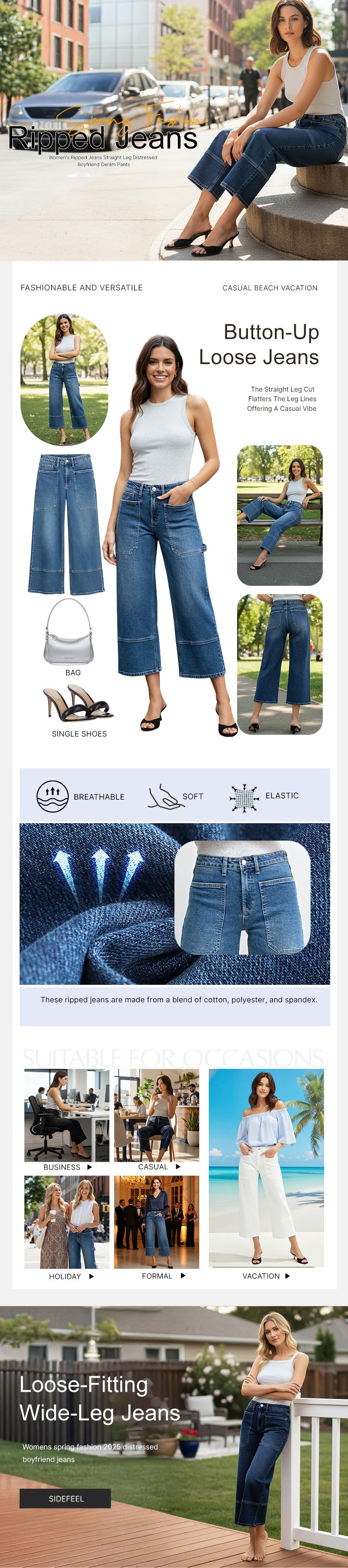 SIDEFEEL Women's High-Waisted Wide-Leg Cropped Jeans with Patch Pockets Trendy Stretchy Loose Straight Zimbaplatinum Denim for Casual Style SpringStatements