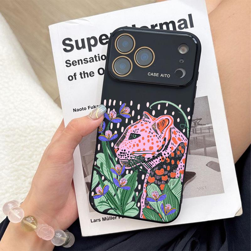 Pink Leopard Art Case for iPhone 17 Pro Max 17Air 17 16E 16 15 14 13 12, Ultra Skin-Friendly TPU, All-Inclusive Glass Lens Protection, Aesthetic Leopard Print Gift, Dopamine Ins Style Solid Color Cover, Shockproof Slim Case, Lens Window Design