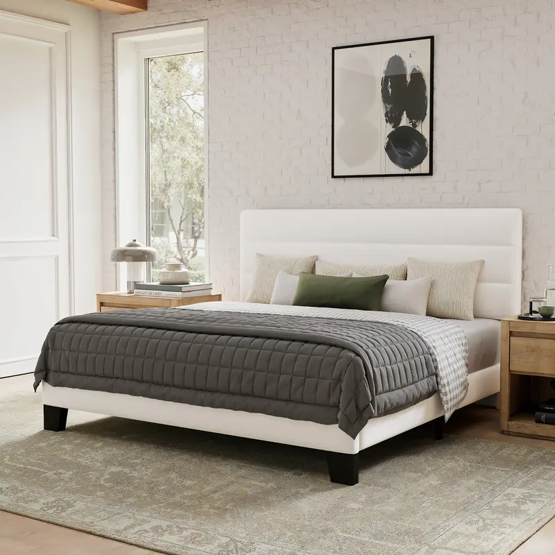 GOLDORO Platform Bed Frame with Upholstered Headboard, Wooden Slats Support, No Box Spring Needed, Easy Assembly