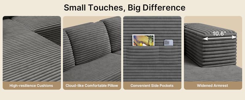 【2 Packages Shipping】Gizoon 105" Cloud Sectional Couch with L-Shape Chaise, Modular Boneless Sofa for Living Room, Upholstered Corduroy Couch with Deep Seat, No Assembly Required (Grey, Left Facing Chaise)