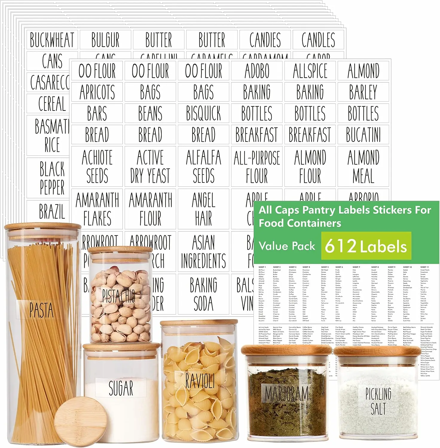 All-Caps Minimalist Pantry Food Labels (612-Count Expanded Version) - Waterproof, Oil-Resistant, Tear-Resistant, No-Residue Office Stationery for Kitchen Containers, Jars with 51 Blank Labels for Labeling Herbs, Spices