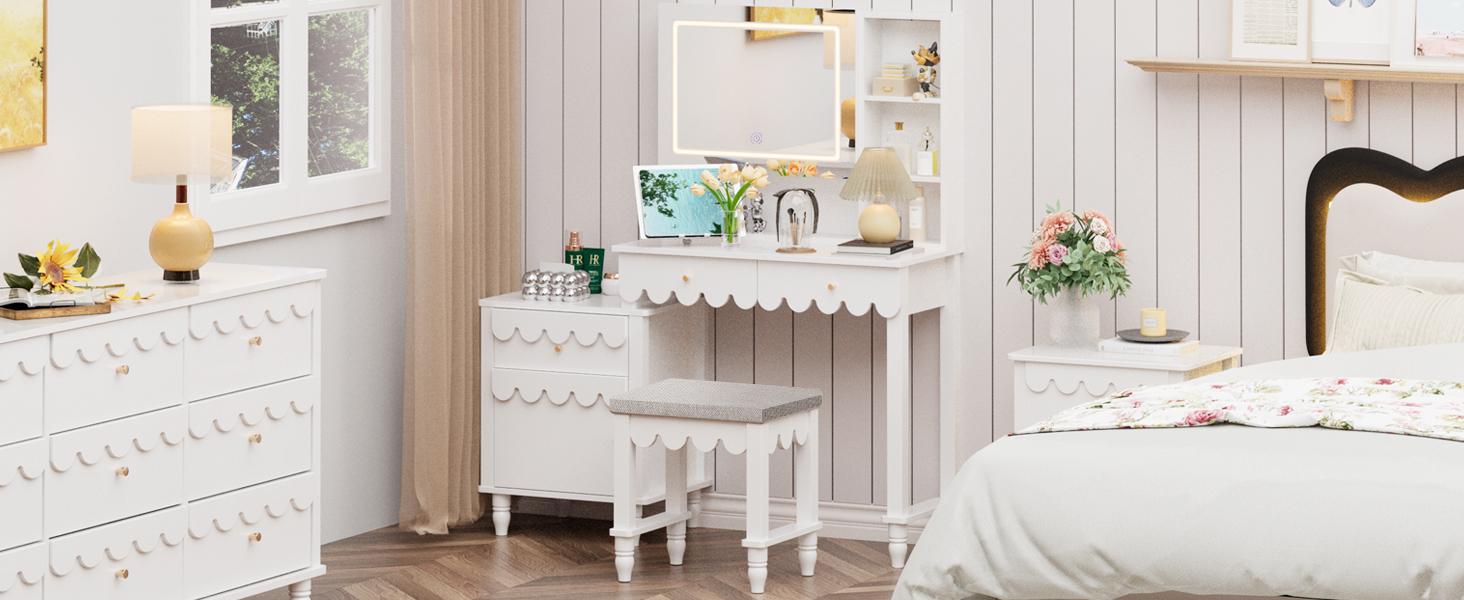 Makeup Vanity Desk With 3 Color Touch Screen Lighted Sliding Mirror, Scalloped Large Vanity Table Set with Storage & Drawers Fluted Petal Pattern Dressing Table with Cushioned Stool for Bedroom