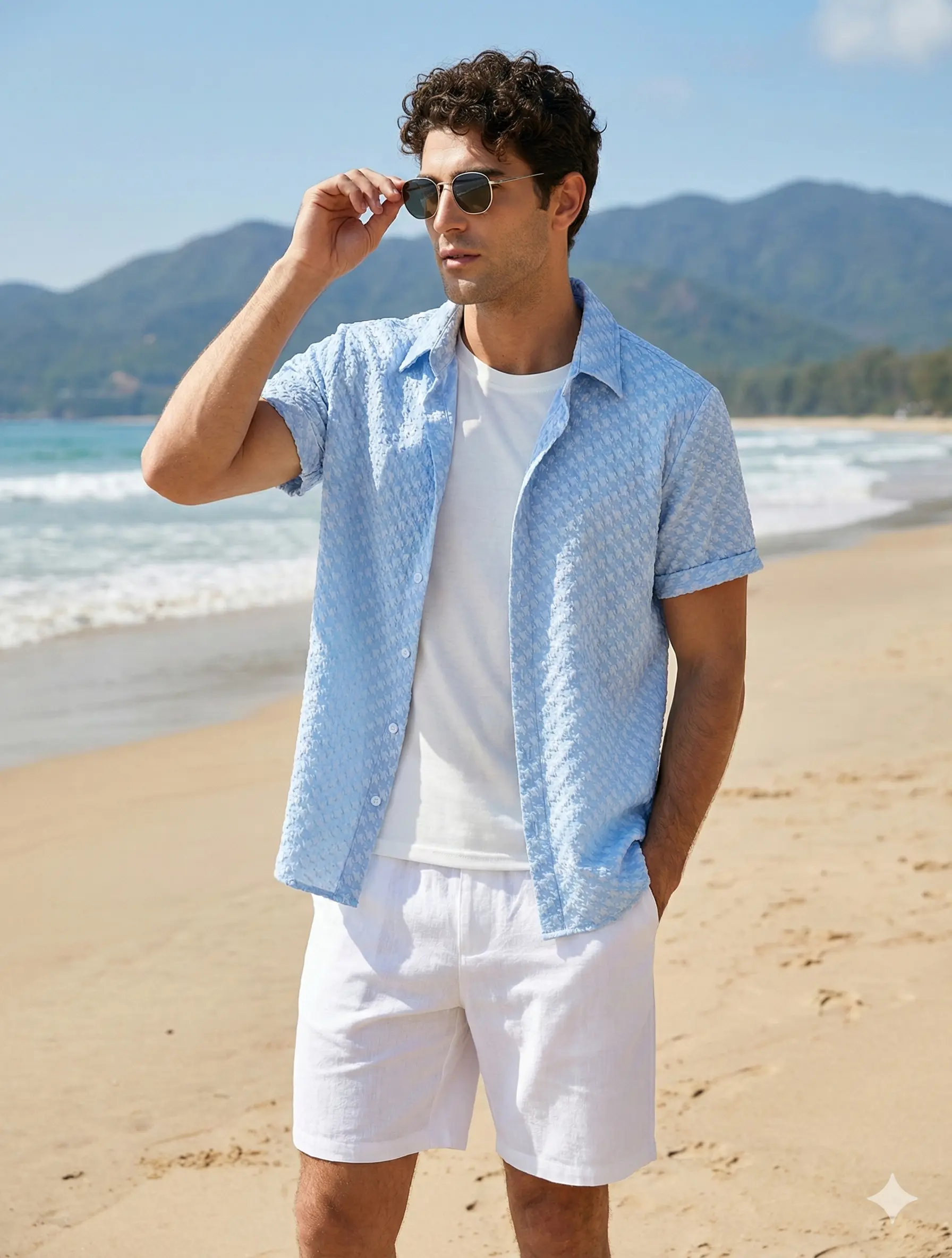 Z ZAFUL SPORTS 2 Piece Set, Men's Casual Jacquard Textured Polyester Short Sleeve Shirt and Drawstring Shorts, Top, Shortsleeve, Menswear, 2 Pcs Set, Mid, Fabric, Buttons, Short Sleeves