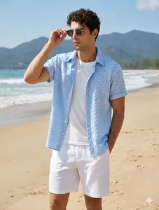 ZAFUL Men's Casual Jacquard Textured Button Up Short Sleeves Shirt And Drawstring Shorts Set linen cotton business