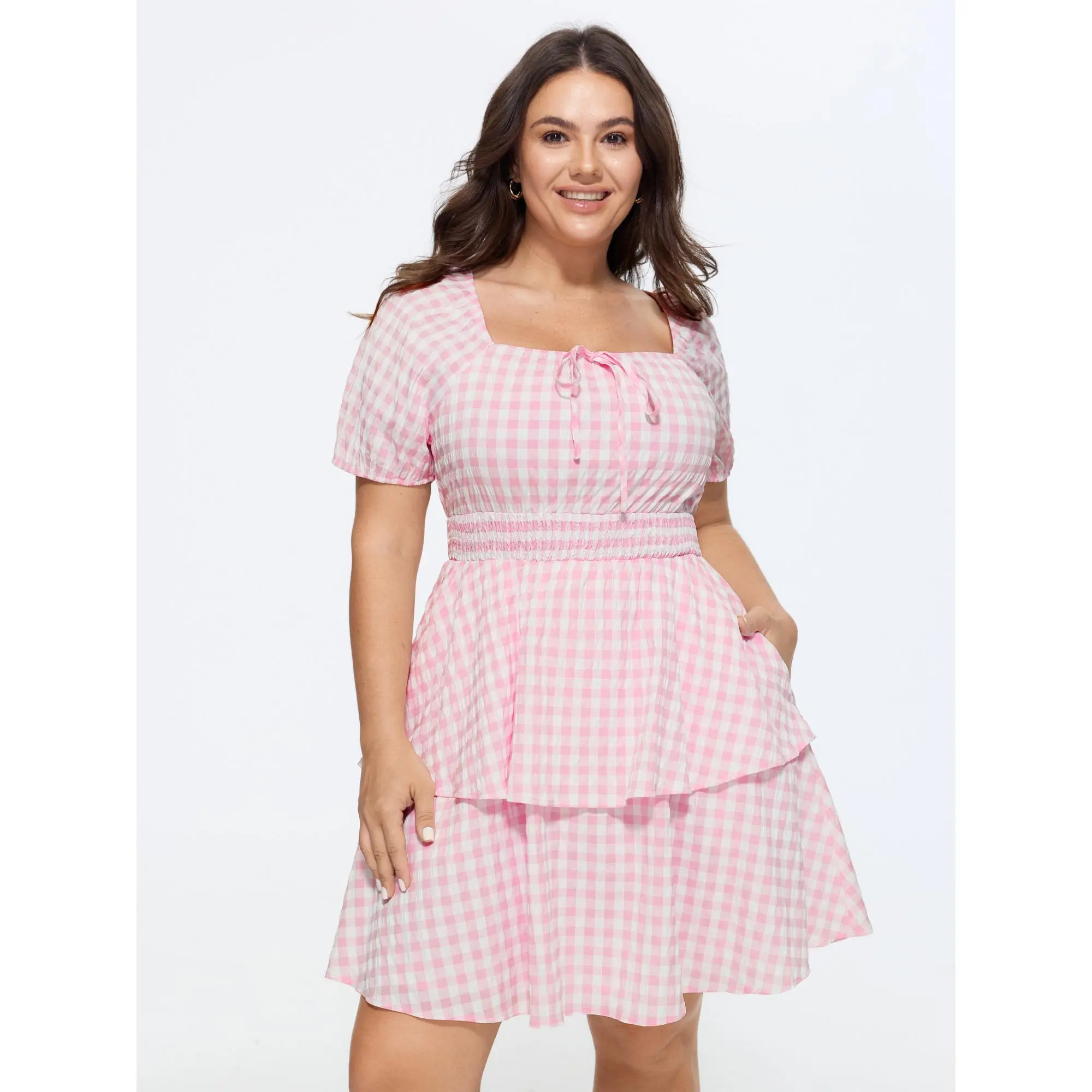 BLOOMCHIC Women's Plus Size Polyester-Spandex Gingham Print Short-Sleeve Fit-and-Flare Casual Mini Dress [M-6X] - 2026 Spotlight, Deals For You Days, Summer Finds Garment, Shortsleeve, Pocket, Plaid, Smooth, Fabric, Plus Size Clothes, Short Sleeves, Elast