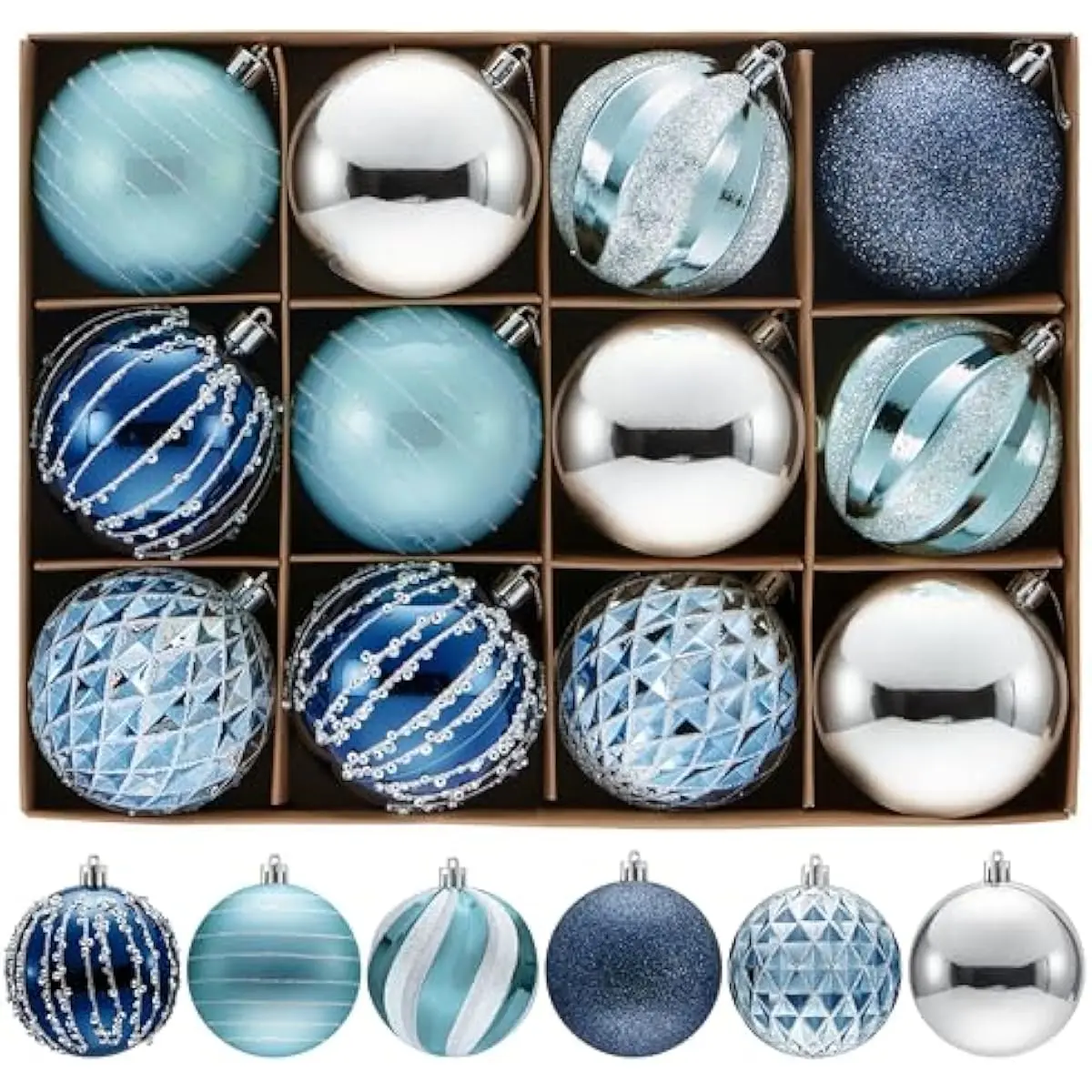 12 Pcs Blue Silve Christmas Balls Ornaments Set, 3.15'' Glittering Tree Hanging Christmas Decorations, Xmas Large Shatterproof Indoor Decor for Tree Wreath Holidays Wedding Party