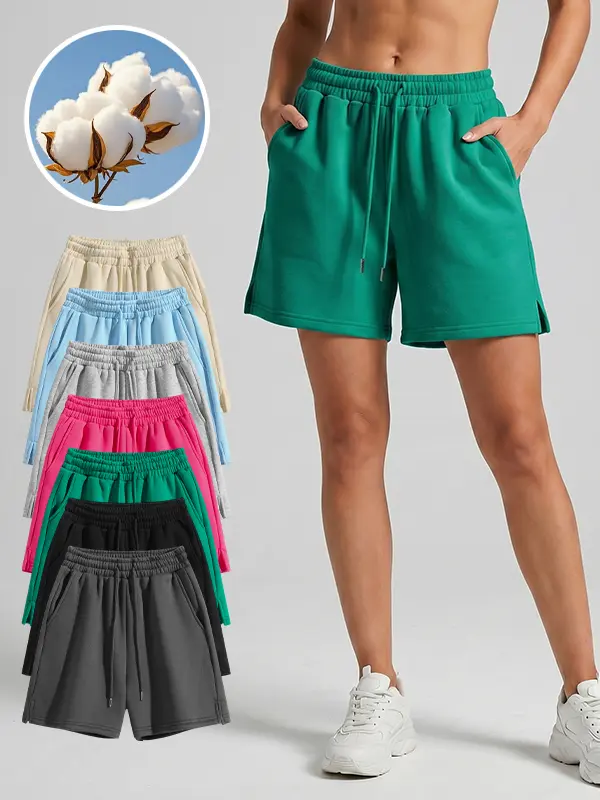 Fleece Lined Dolphin Sweat Shorts for Women - Trendy Solid Color Basic Elastic Waist Casual Shorts with Side Split Hem & 3 Inch Inseam, Relaxed Fit, Versatile for Loungewear, Running & Streetwear Bottom