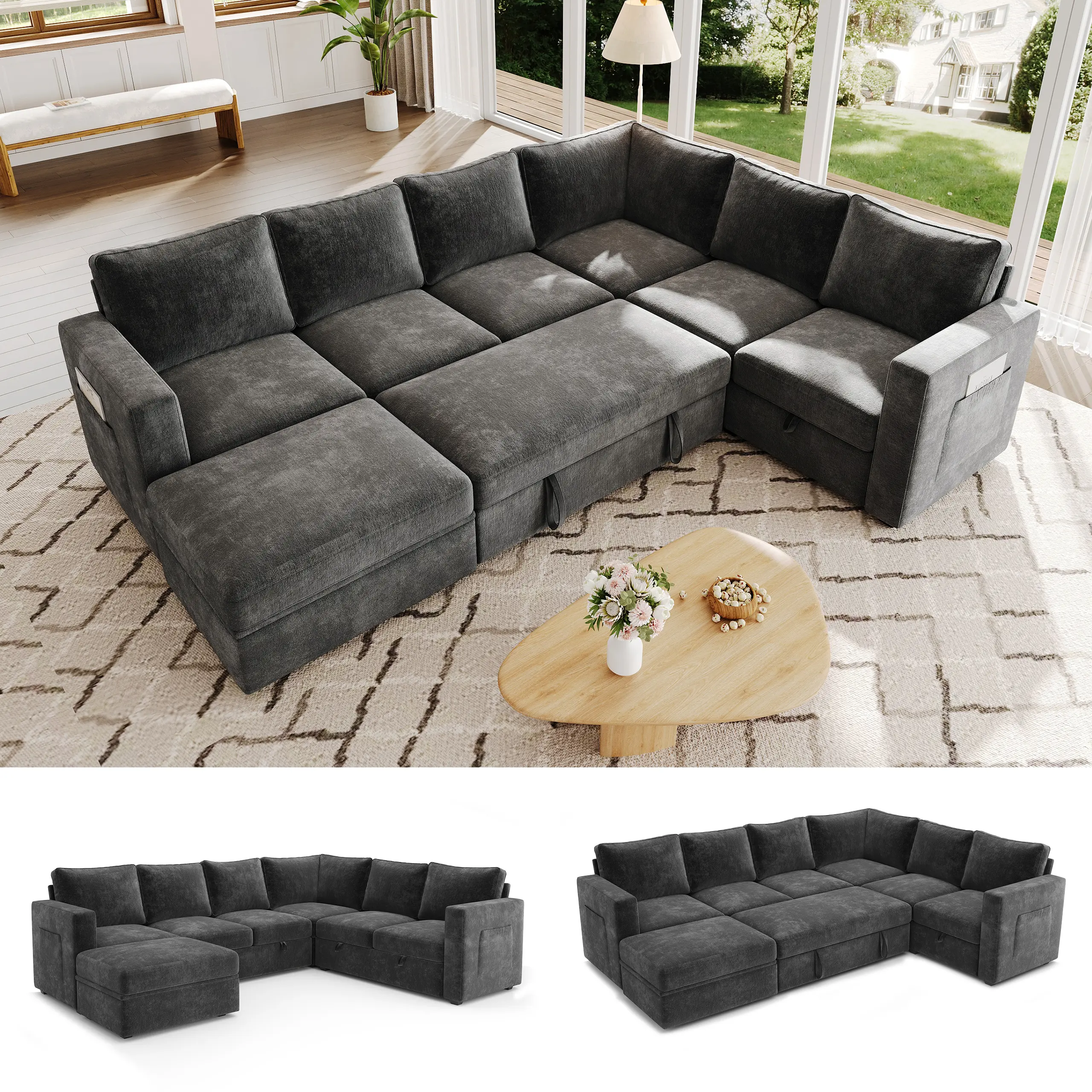 【3-4 Packages】83.5" Sectional Sleeper Sofa with Pull Out Couch, Modern 5 Seat L Shaped Modular Couch, Sectionals Modular Sofa with Storage, Comfy Sectional Couches for Living Room & Apartment