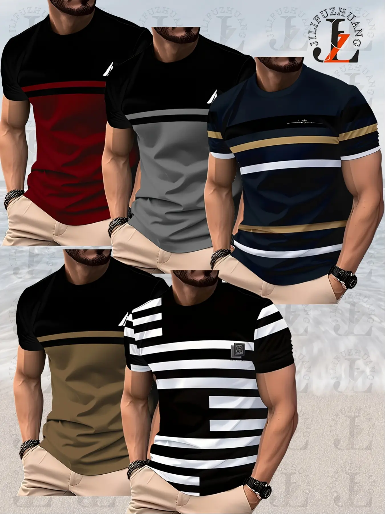 5-piece fashionable color-block digital-printed men's T-shirts, with striped patterns, for a stylish and casual look, Casual Style Tee, Tops, Streetwear