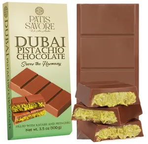 Patis Savore Dubai Chocolate Bar Pistachio - 3.5 oz Dessert with Pistachio Cream & Kataifi Filling | Gourmet Chocolate | Elegant Gift