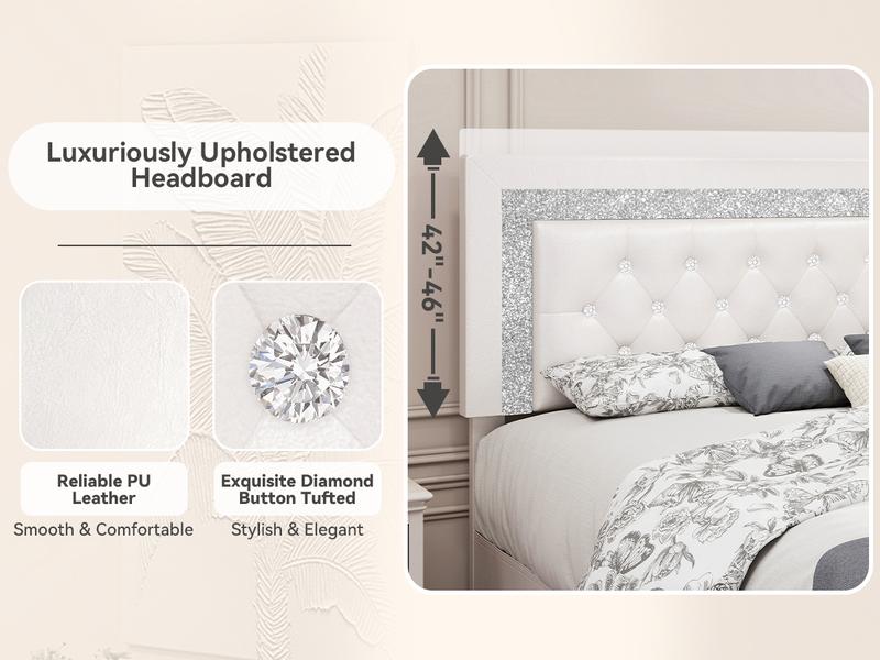 SIBEDS Diamond Upholstered Bed Frame with Adjustable Headboard, Modern Princess Style Platform Bed with LED Lights and Skirt, Crystal Button Tufted Foundation with Wooden Slats, Easy Assembly, Black/White/Grey/Best Gift ldeas/Christmas Gifts
