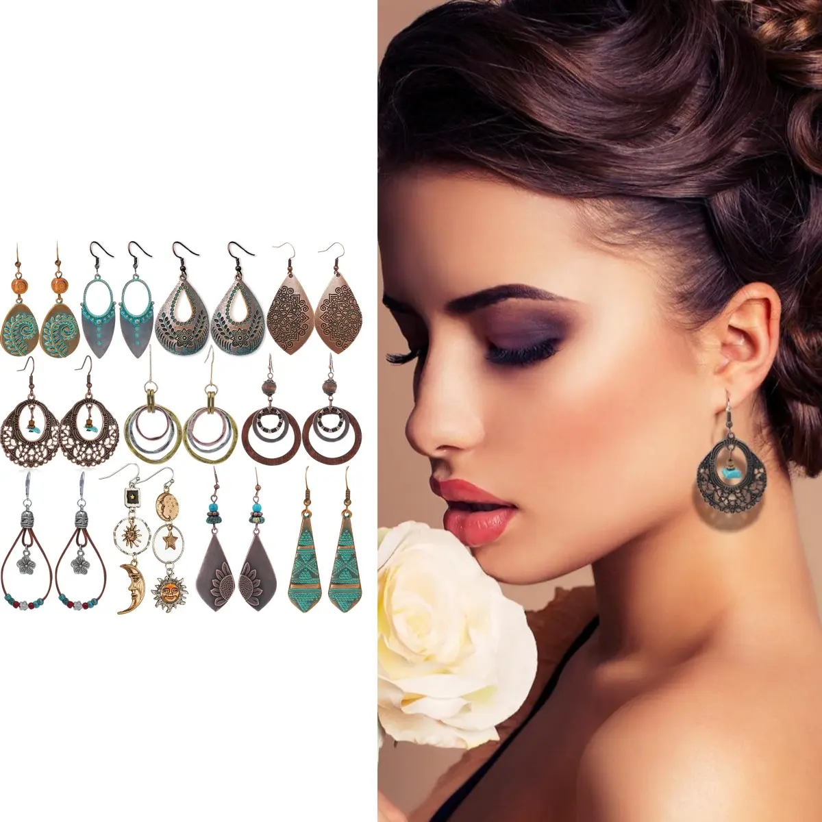 Dangle Jewelry Set for Women, 11-Pair Vintage Boho Assortment with Sun & Moon, Zinc Alloy, and Leather Beads Dangles, Gift Boxed for Birthday or Anniversary, Assorted, Bohemian Earrings, Teacher, Female, Casual, Teardrop With Pattern, 11 Pairs, Friends, 1