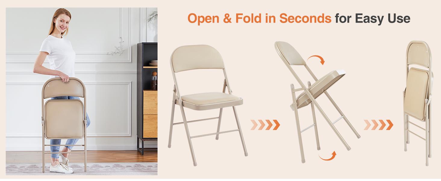 Folding Chair, Leather Padded Folding Chairs, Sturdy Metal Foldable Chairs, Outdoor and Indoor, for Home, Office, Party
