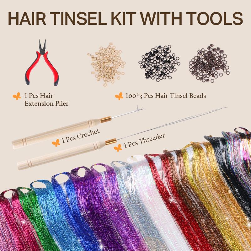 DOORES Tinsel Hair Extensions kit with tools,Colorful Hair Tinsel Stylable Fairy Hair Tinsel for Music Festival Shiny Beautiful