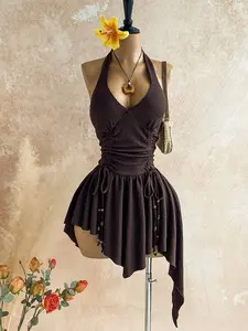 OFFGRID x Soleia New Sexy Deep V Neck Tie Up Waist Wooden Bead Asymmetrical Hem Mini Dress, Suitable For Party, Date, Nightclub, Bohemian, Boho, Vacation, Fall Women Clothes, Vintage, Holiday