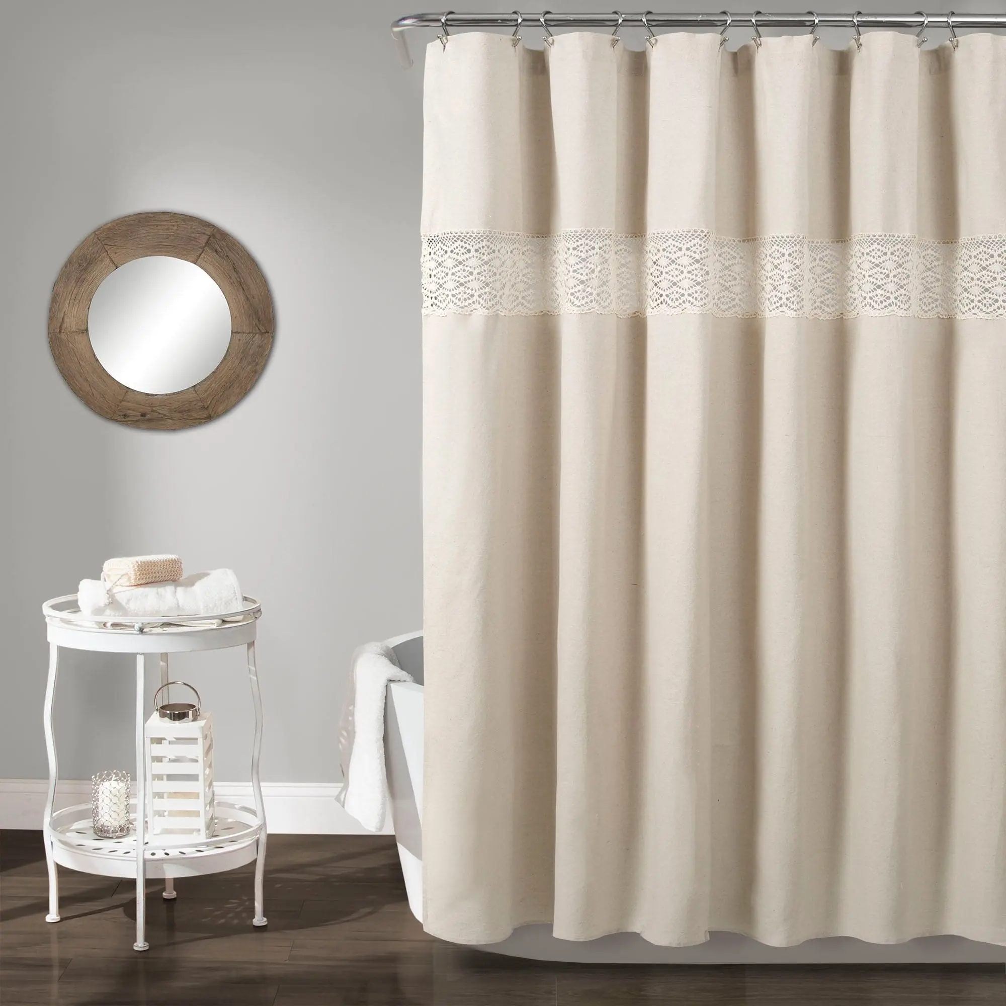Lush Decor Dana Lace Shower Curtain - Cotton Blend, Boho, Farmhouse, Elegant Design with Frayed Edges, Perfect for a Natural and Stylish Bathroom