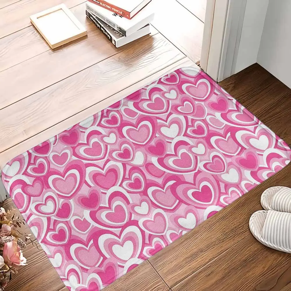 Pink Heart-Oval Shape Indoor Floor Mat Rug, Romantic Love Print, Soft Polyester-Rubber Surface, Non-Slip, Durable, Stain Resistant, Floor Protection Bath Mat, Ideal Wedding Gift