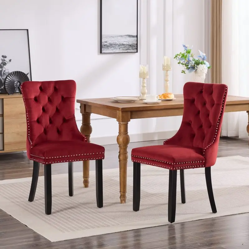 2-Pack Without Arms Glam Mid-Century Classic Velvet Dining Chairs - High-End Tufted Solid Wood Frame, Upholstered Design, Wood Legs, Nailhead Trim, Backrest Hem, Burgundy, 24.40x19.70x37.40 in, 17 lbs, 250 – 299 Lbs Capacity, Assembly Required, SW2001WR,
