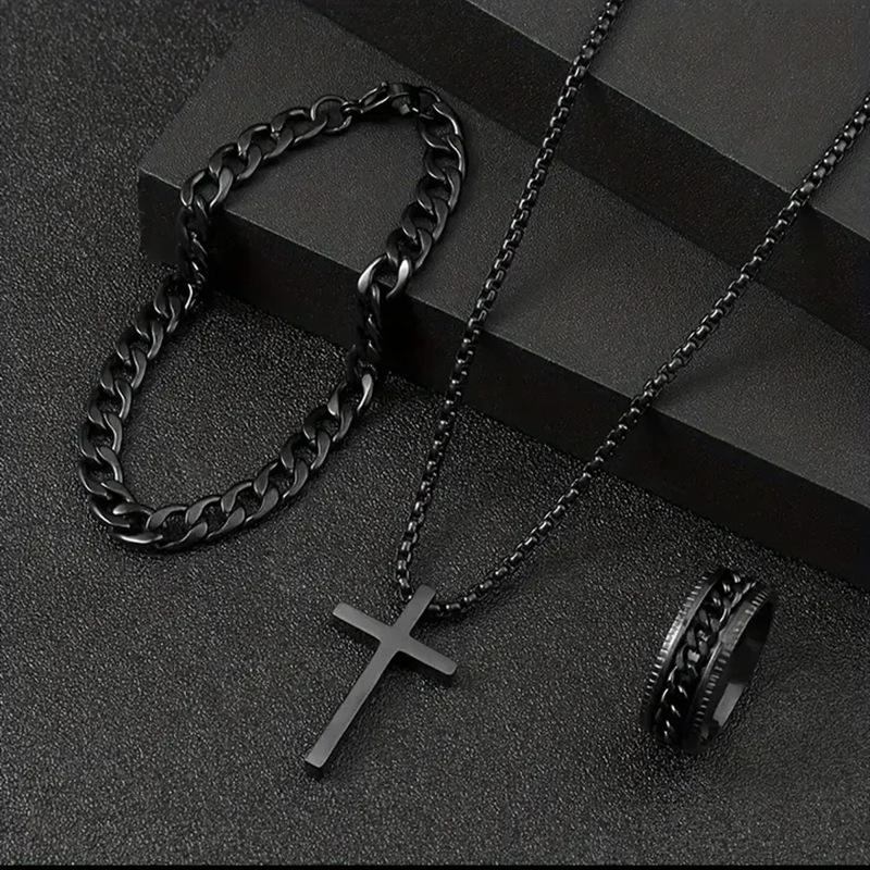 Men's Stainless Steel Cross Pendant Necklace Bracelet & Ring Set Elegant Fashionable Jewelry Gift for Holidays Durable Cohesive Ensemble