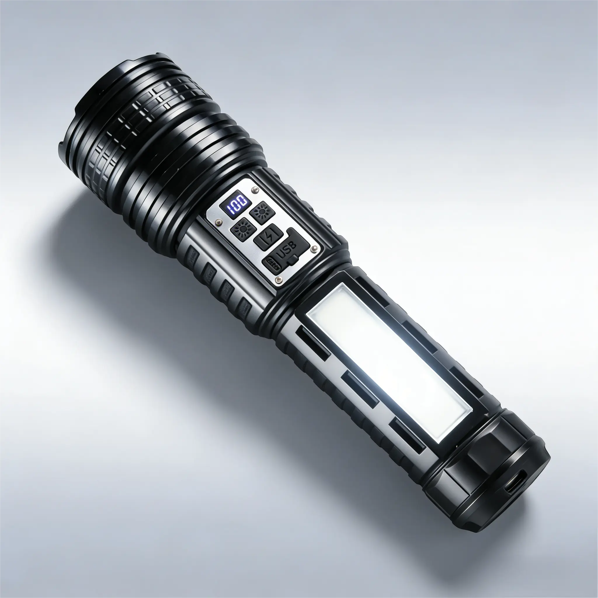 High Lumen LED Rechargeable Tactical Flashlight, with 15 Lighting Modes & COB Side Light Zoomable Long Battery Digital Display Large Powerful Waterproof Long Range Durable Flashlight ,for Outdoor Camping Emergency Survival,High Lumens LED Flashlight