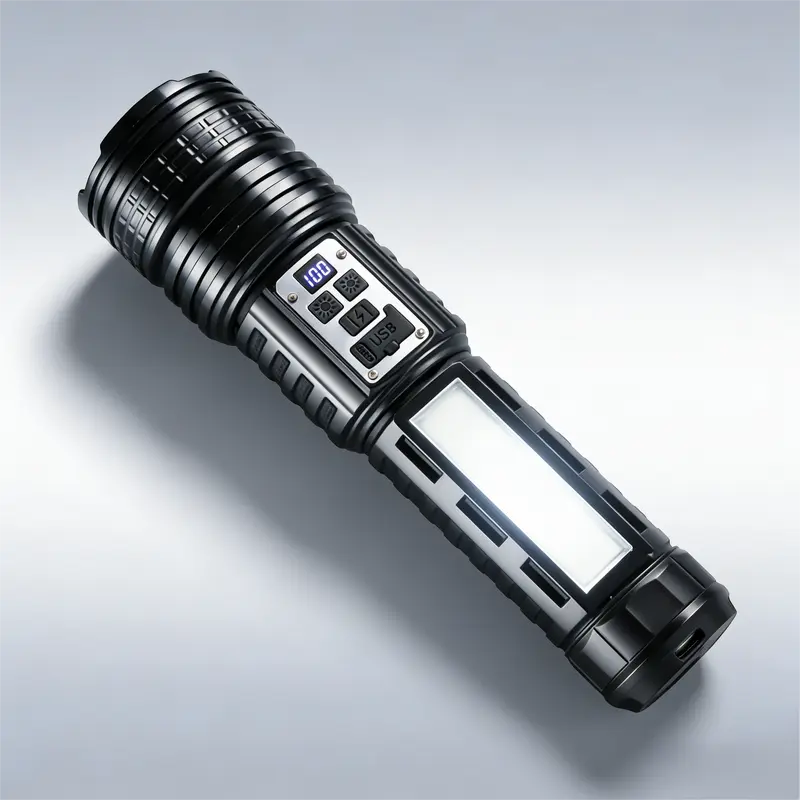 High Lumen Rechargeable Tactical LED Flashlight - Adjustable Zoom Lens, 15 Lighting Modes, COB Side LED Light, Digital Display, Long-Lasting Batteries & Cells, Waterproof, USB Port, Portable for Camping, Car Repair, Power Outage