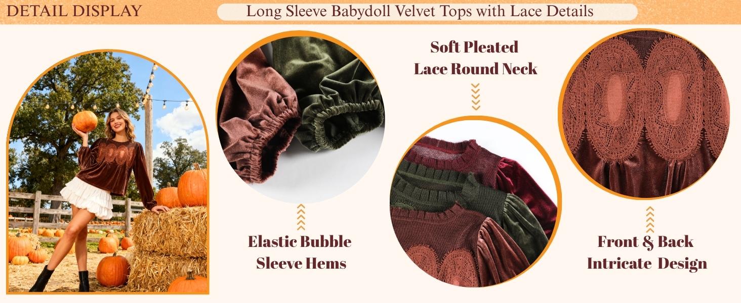 Yeokou Women's Long Sleeve Velvet Trim Lace Blouse Elegant Flared Swing Top Round Neck Casual Wear for Parties Weddings Dinners Office Dates