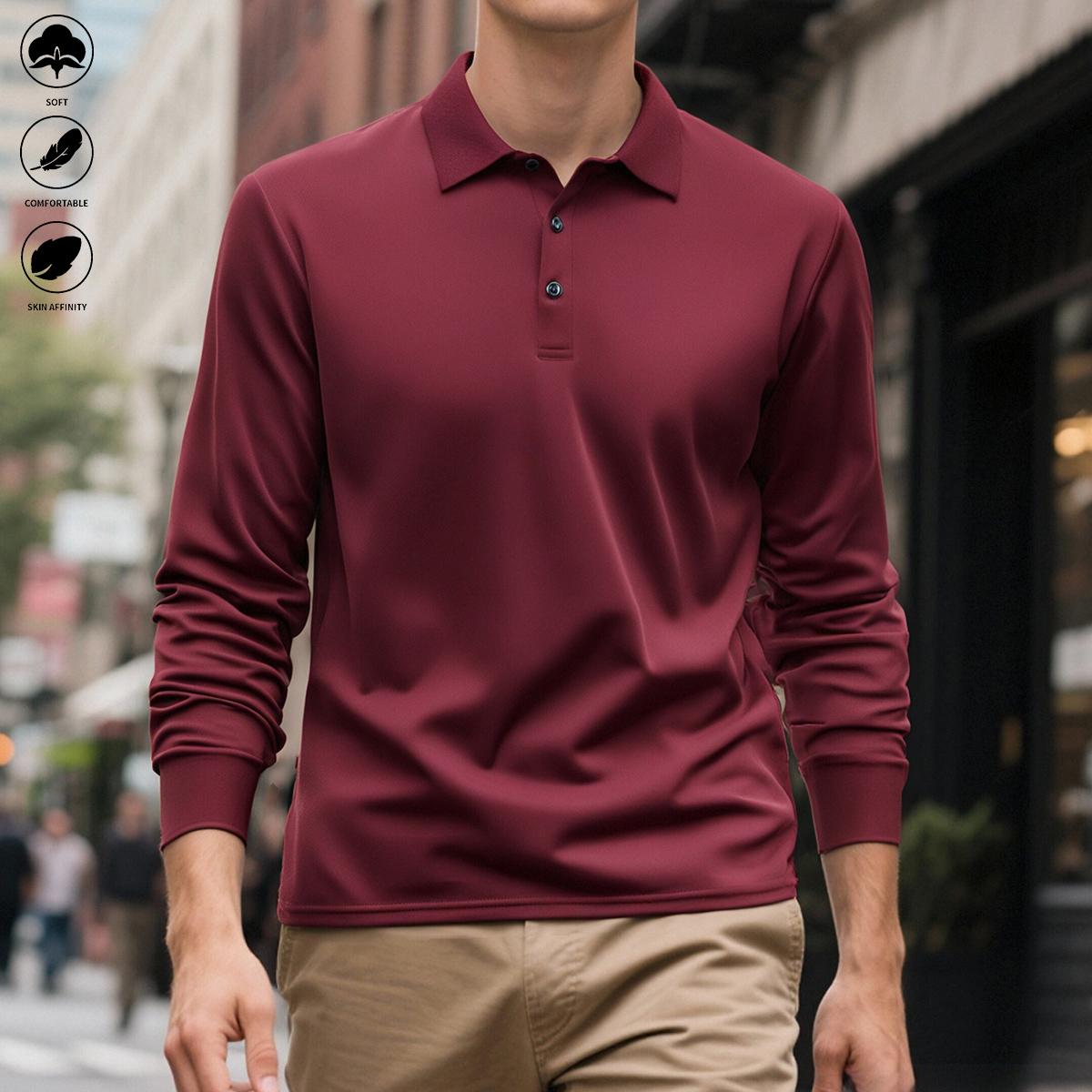 5PCS Men’s Soft Long Sleeve Polos – Solid Design & Skin-Affinity, Comfortable Fabric, TikTok Popular, Ideal for Casual Fall Outfits & Gifts for Him collar cuff design everyday commute