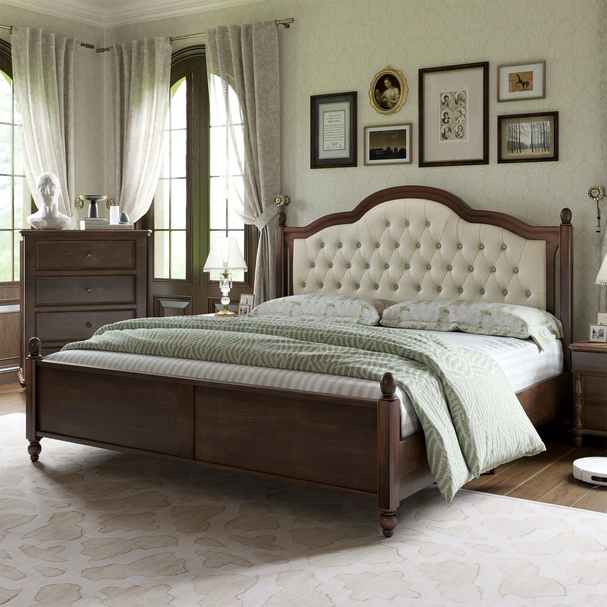 AMERLIFE Solid Wood Bed Frame, Transitional Platform Bed with 52.5" Upholstered Tufted Headboard, Rubberwood/Roman Column[tiktokshopbacktoschool][SohoChic]