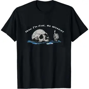 Women's Classic Short-Sleeve Elastic Fit Ribbed Seamless Knit T-Shirt - Funny Skull Graphic, Sarcastic "Yeah I’m Fine No Worries" Crewneck, Trendy Casual Fabric Top, Gift for Friends